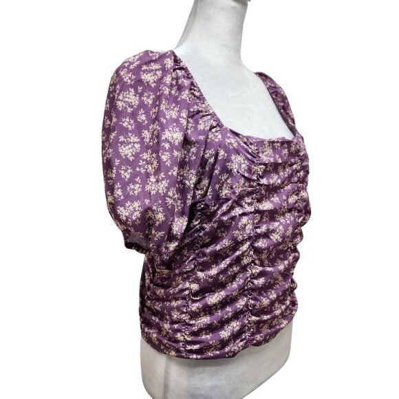 Celebrity Pink Womens Purple Puff Sleeve Ruched Top With Floral Print Size L - Picture 7 of 10